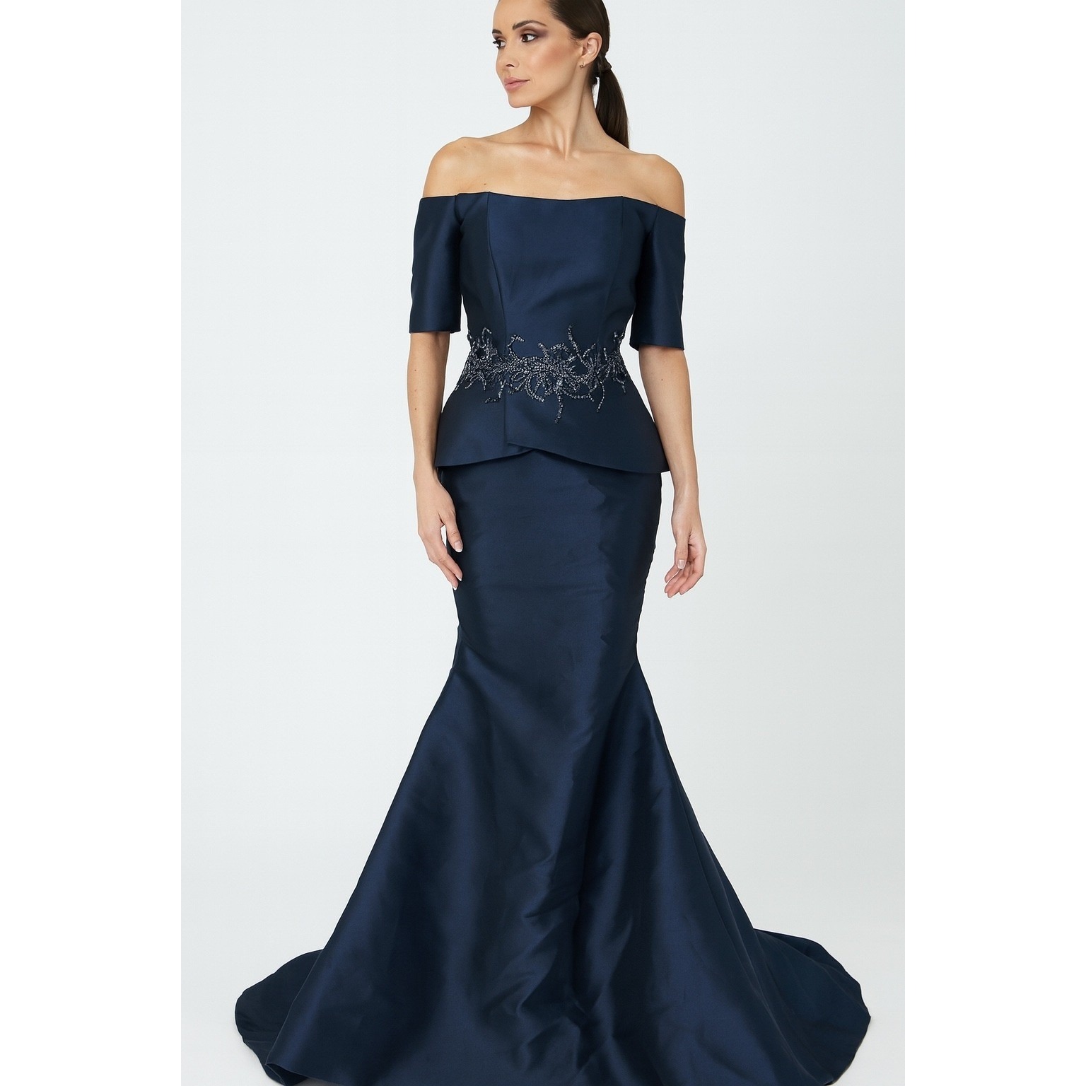 Nwt Park 108 Off-Shoulder Embellished Peplum Mermaid Gown M202 In Navy Size 4